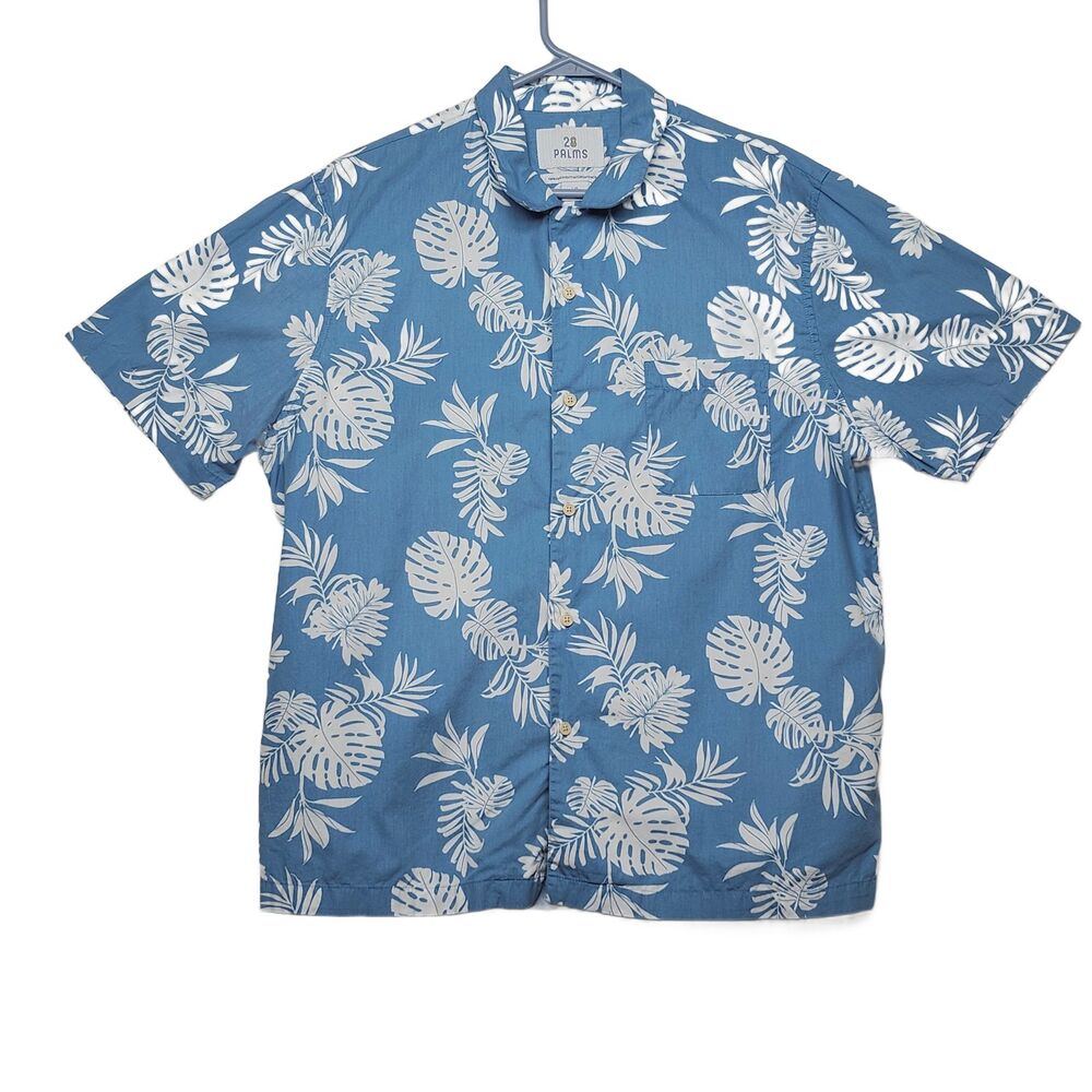 28 Palms Men's L Blue White Hawaiian Tropical Leaf Print Casual Button Down